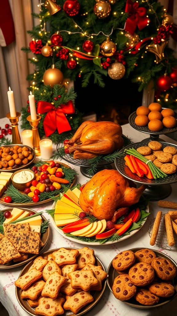 Christmas Party Food Table Ideas A festive Christmas party food table with cheese platter, roasted turkey, vegetables, and holiday cookies.
